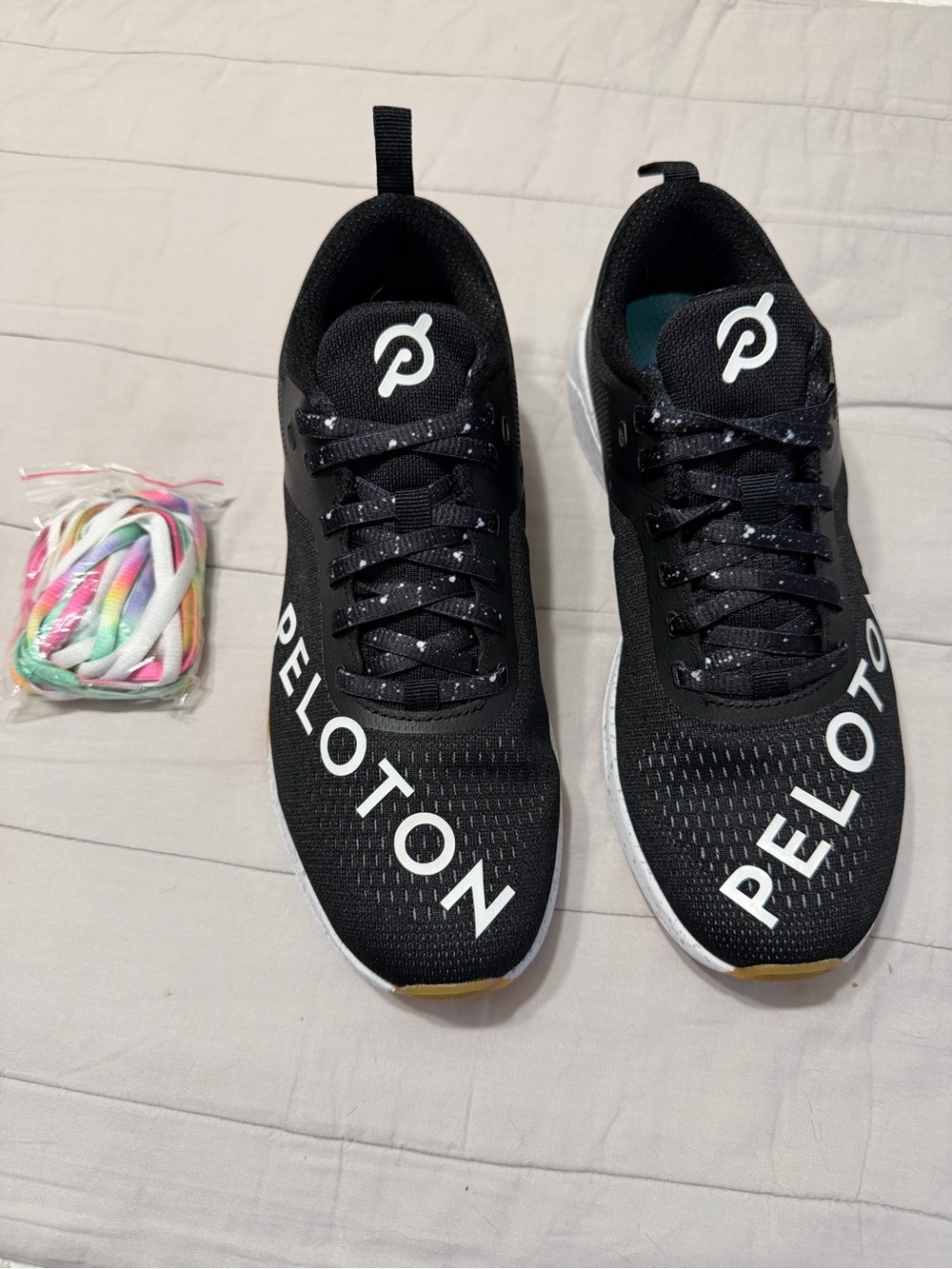 Peloton Black Sneakers with White Logo and Rainbow Laces